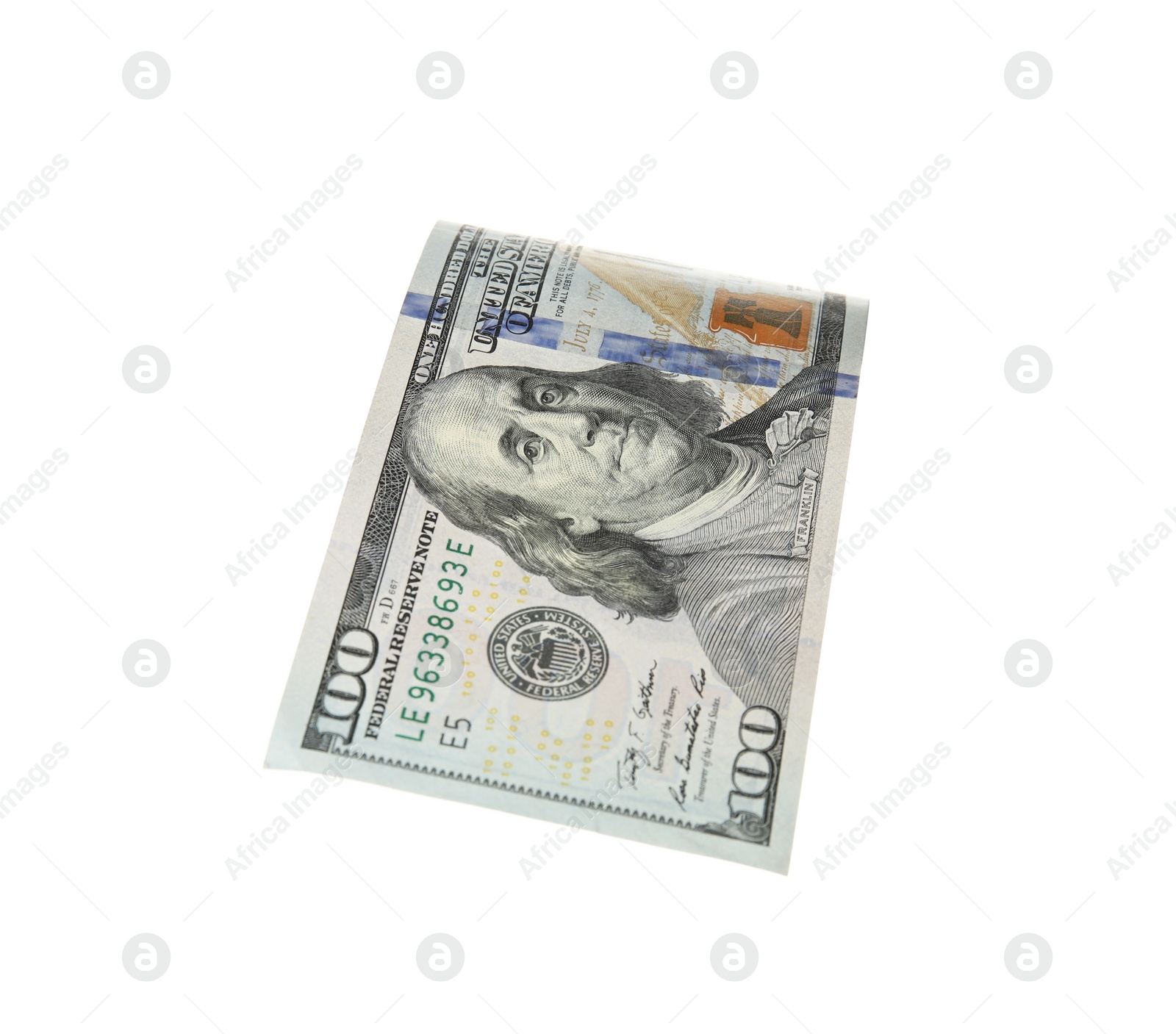 Photo of One hundred dollar banknote on white background. American national currency