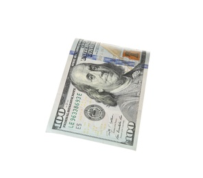 Photo of One hundred dollar banknote on white background. American national currency