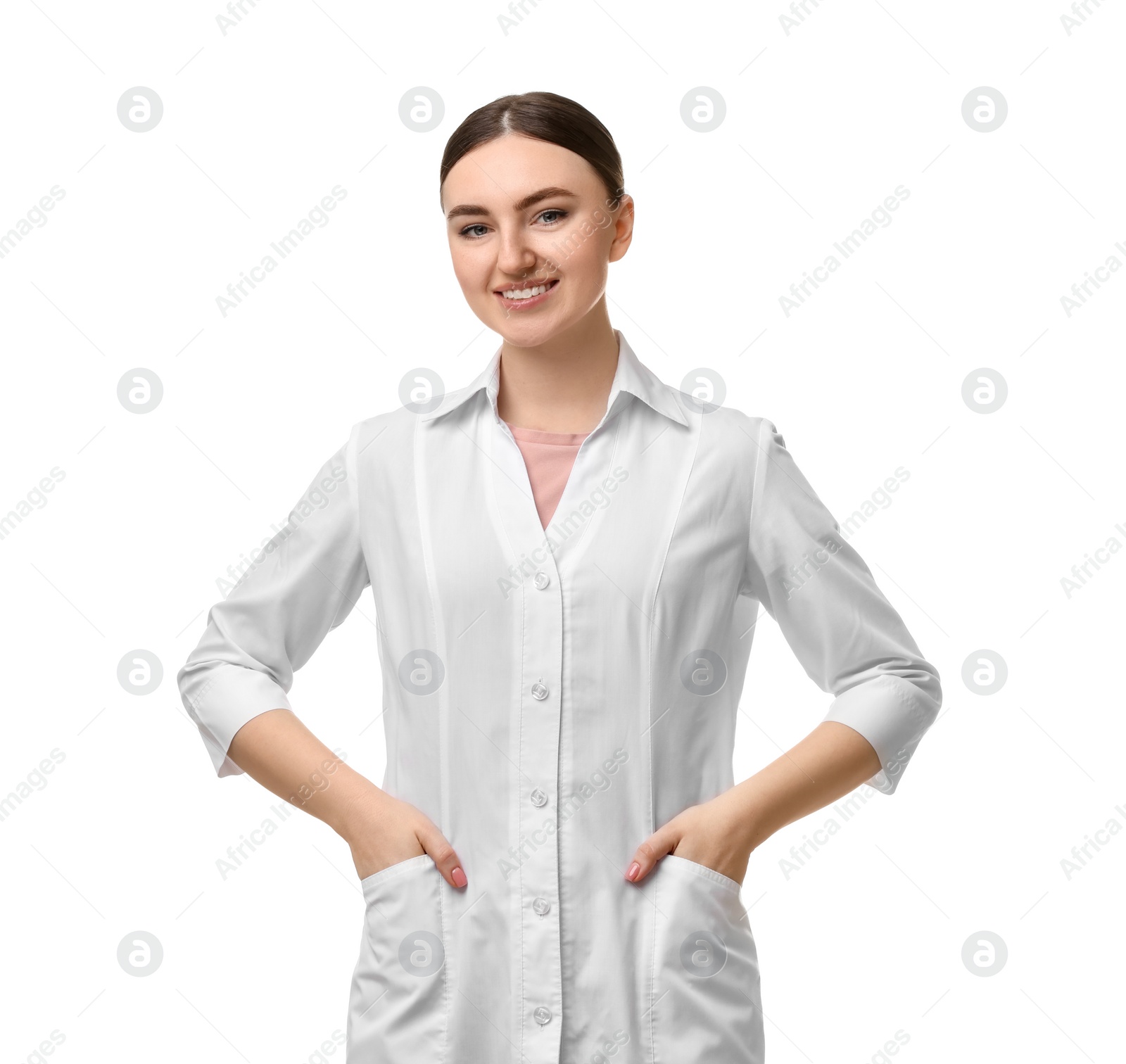 Photo of Cosmetologist in medical uniform on white background