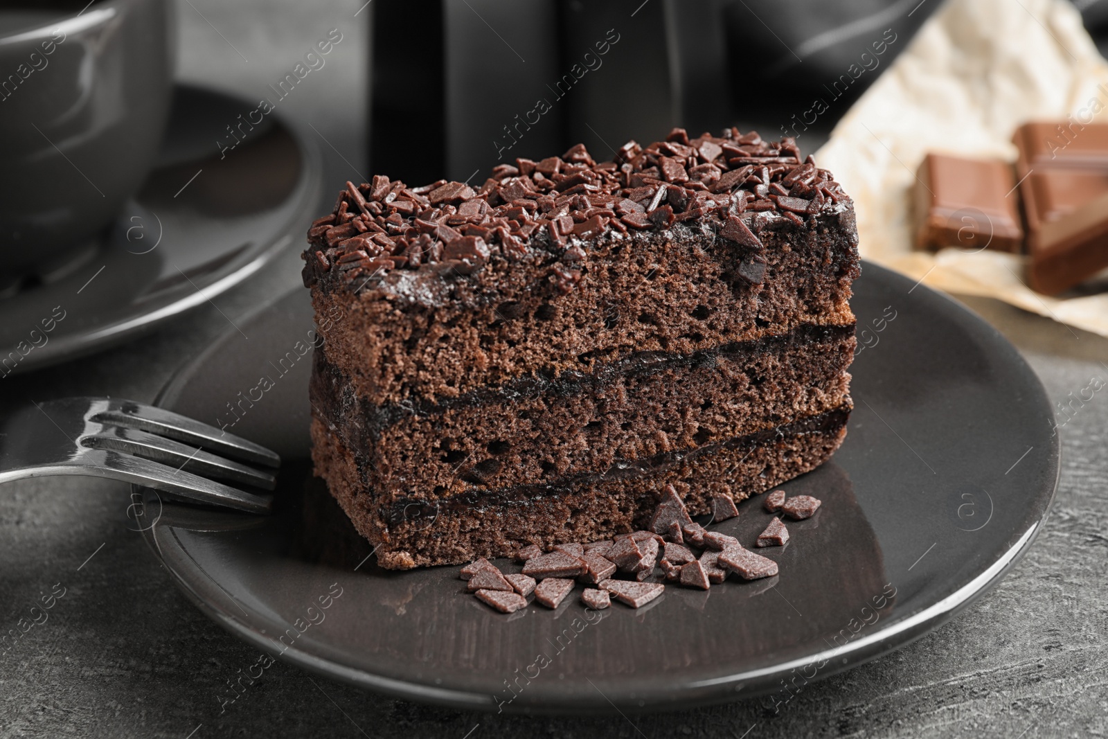 Photo of Delicious fresh chocolate cake served on table