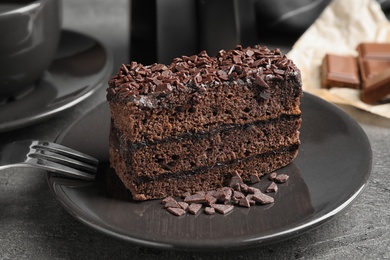 Delicious fresh chocolate cake served on table