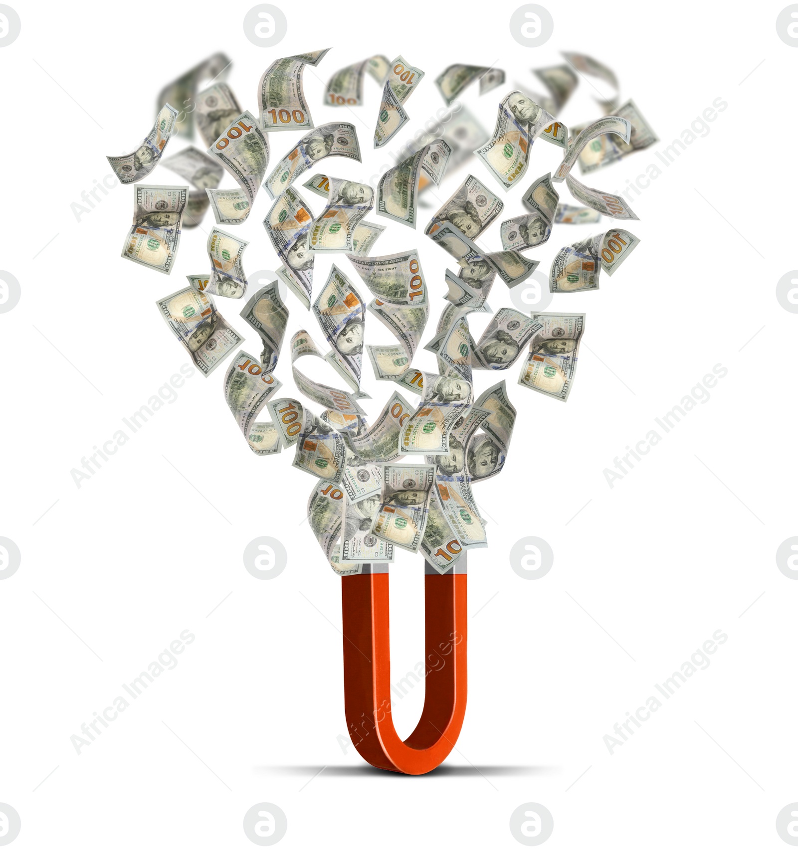 Image of Red horseshoe magnet attracting money on white background