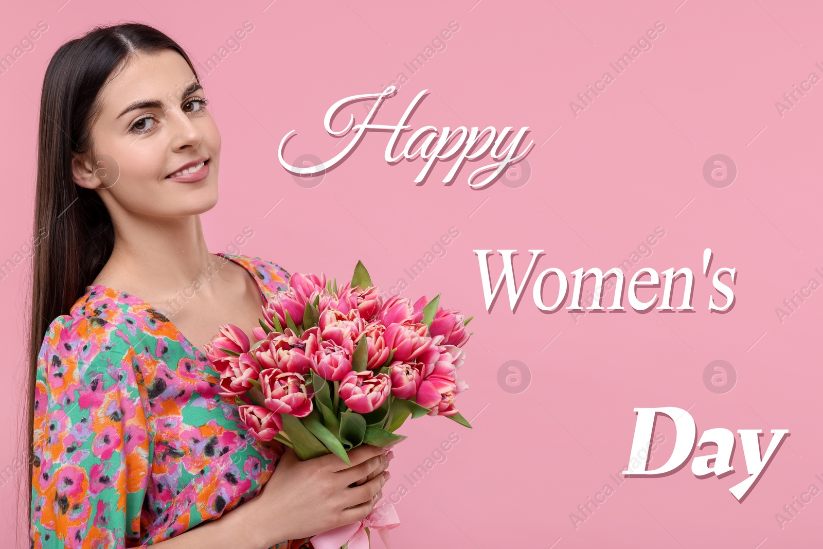 Image of Happy Women's Day - March 8. Attractive lady with bouquet of tulips on pink background