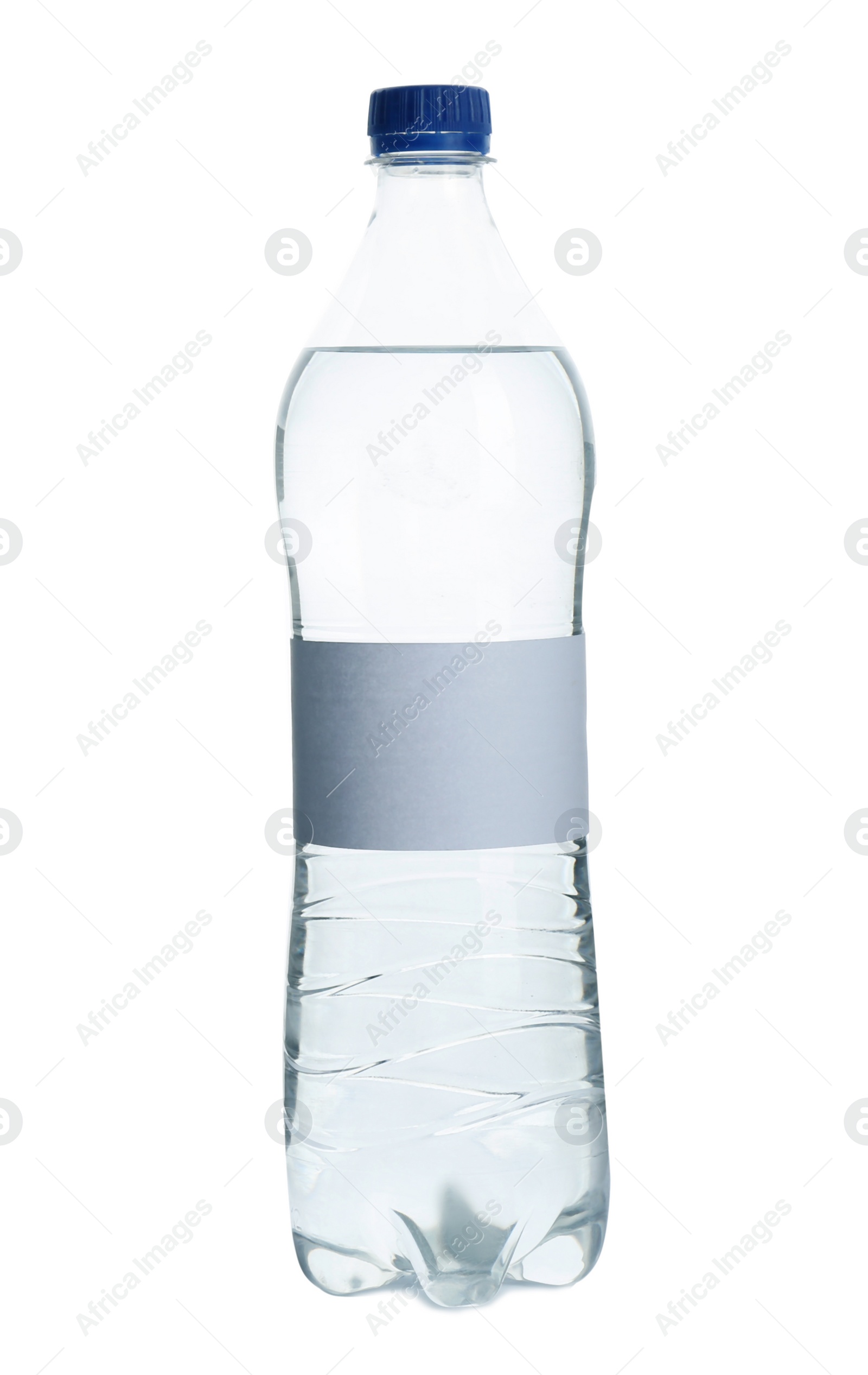 Photo of Fresh water in plastic bottle with empty label on white background. Space for design