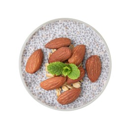 Photo of Delicious dessert with almonds and chia seeds isolated on white