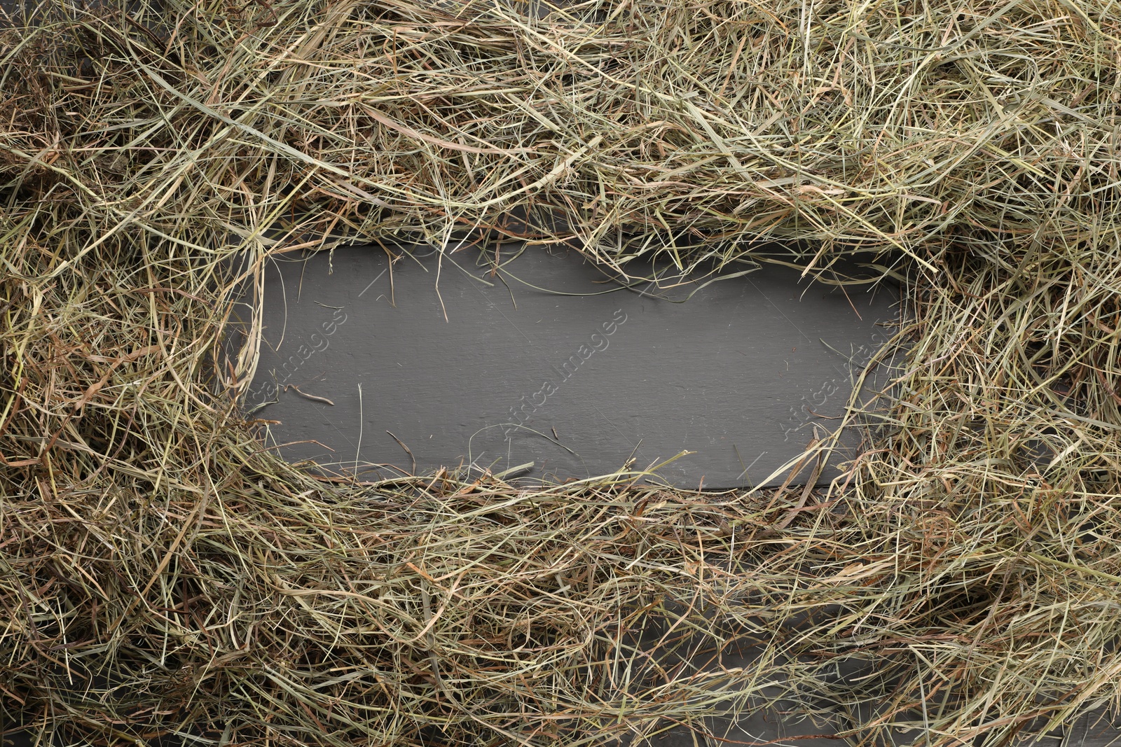 Photo of Frame made of dried hay on grey wooden table, top view. Space for text