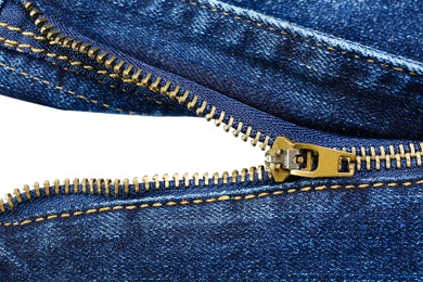 Photo of Blue jeans with zipper on white background, top view