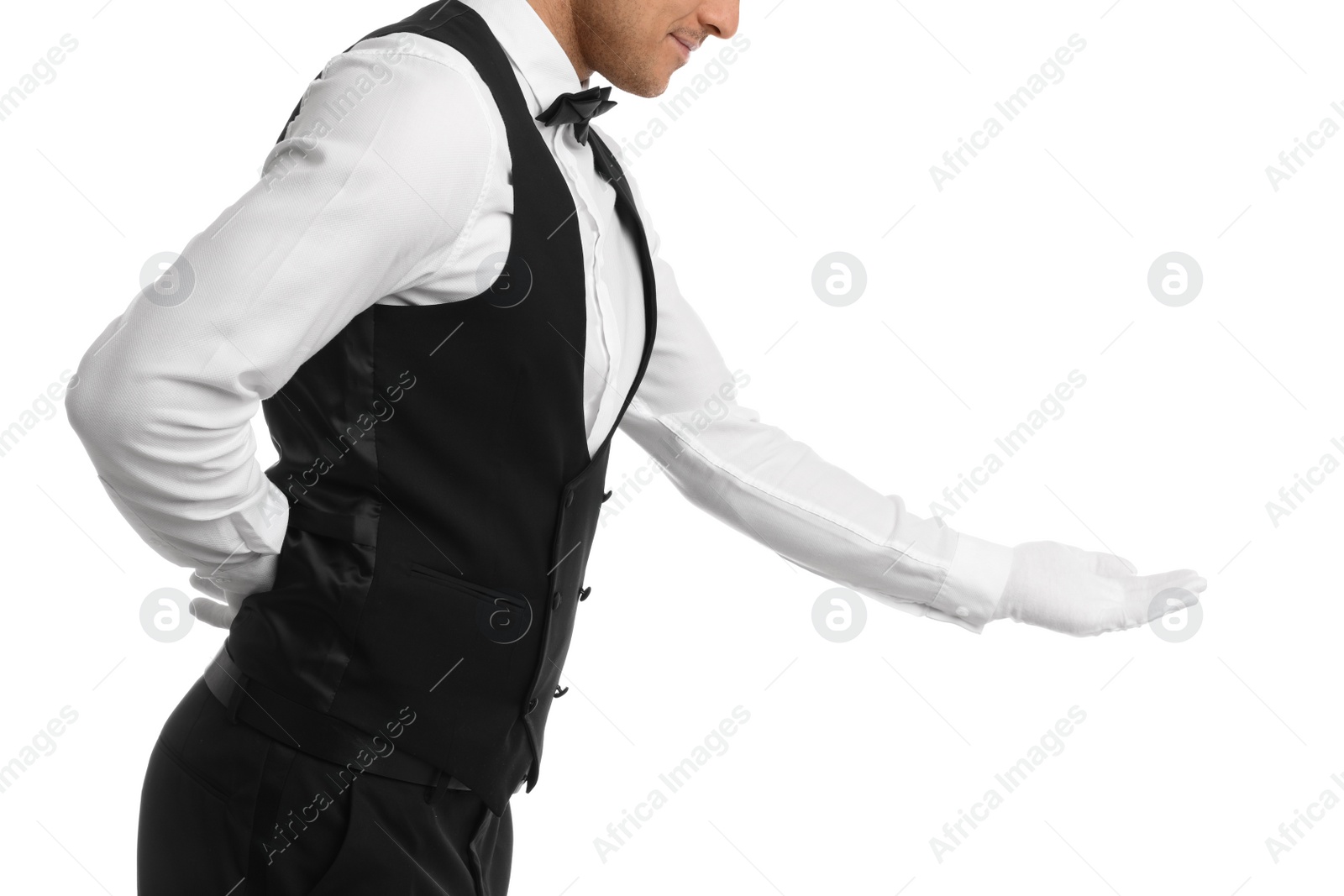 Photo of Butler in elegant uniform on white background, closeup