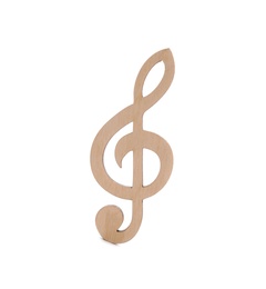 Photo of Wooden treble clef isolated on white. Music notes