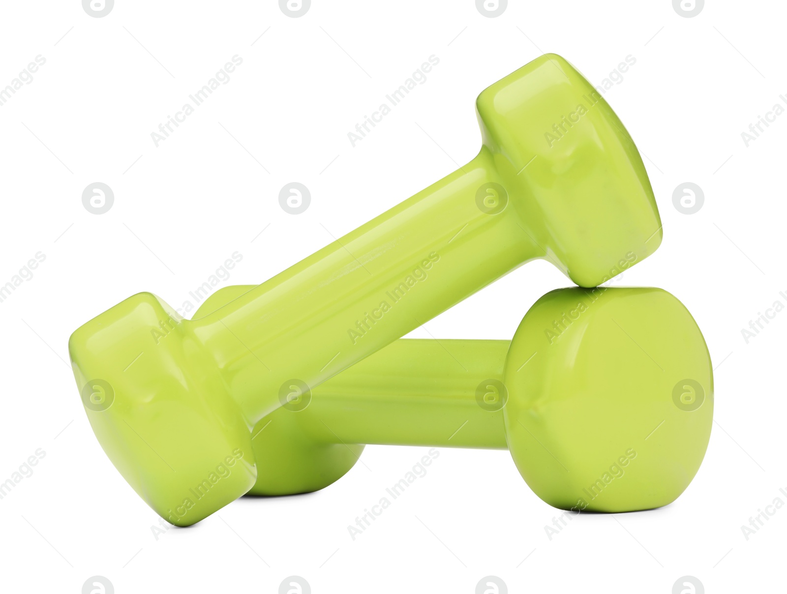 Photo of Light green dumbbells isolated on white. Sports equipment