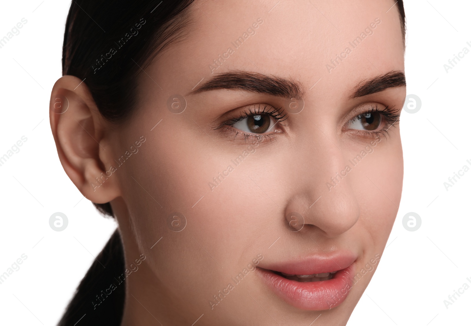 Photo of Beautiful young woman with healthy skin on white background, closeup