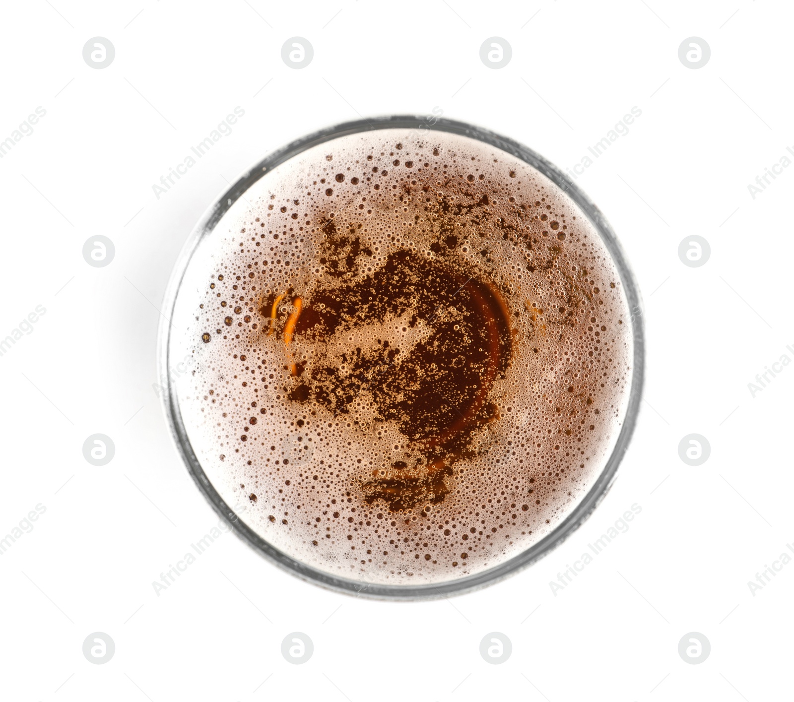 Photo of Glass of cold tasty beer on white background, top view