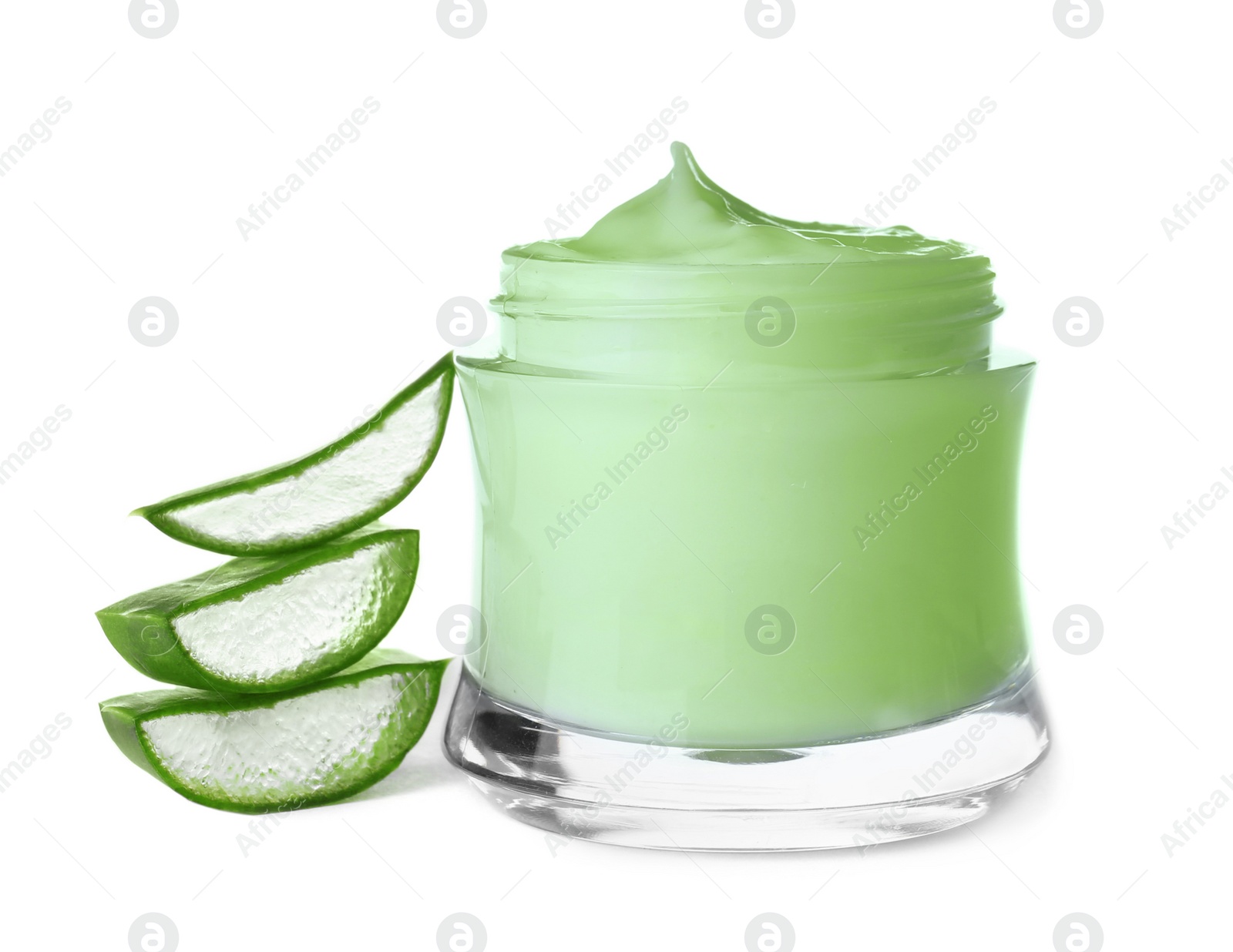 Photo of Jar with aloe vera balm and sliced leaves on white background