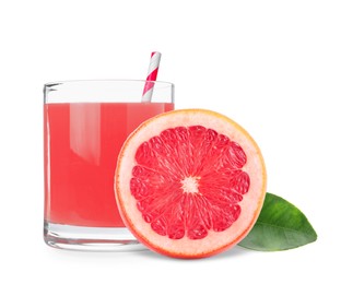 Image of Glass of grapefruit juice, fresh fruit and green leaf on white background