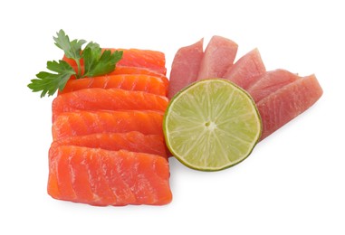 Photo of Delicious sashimi set of salmon and tuna served with lime and parsley isolated on white