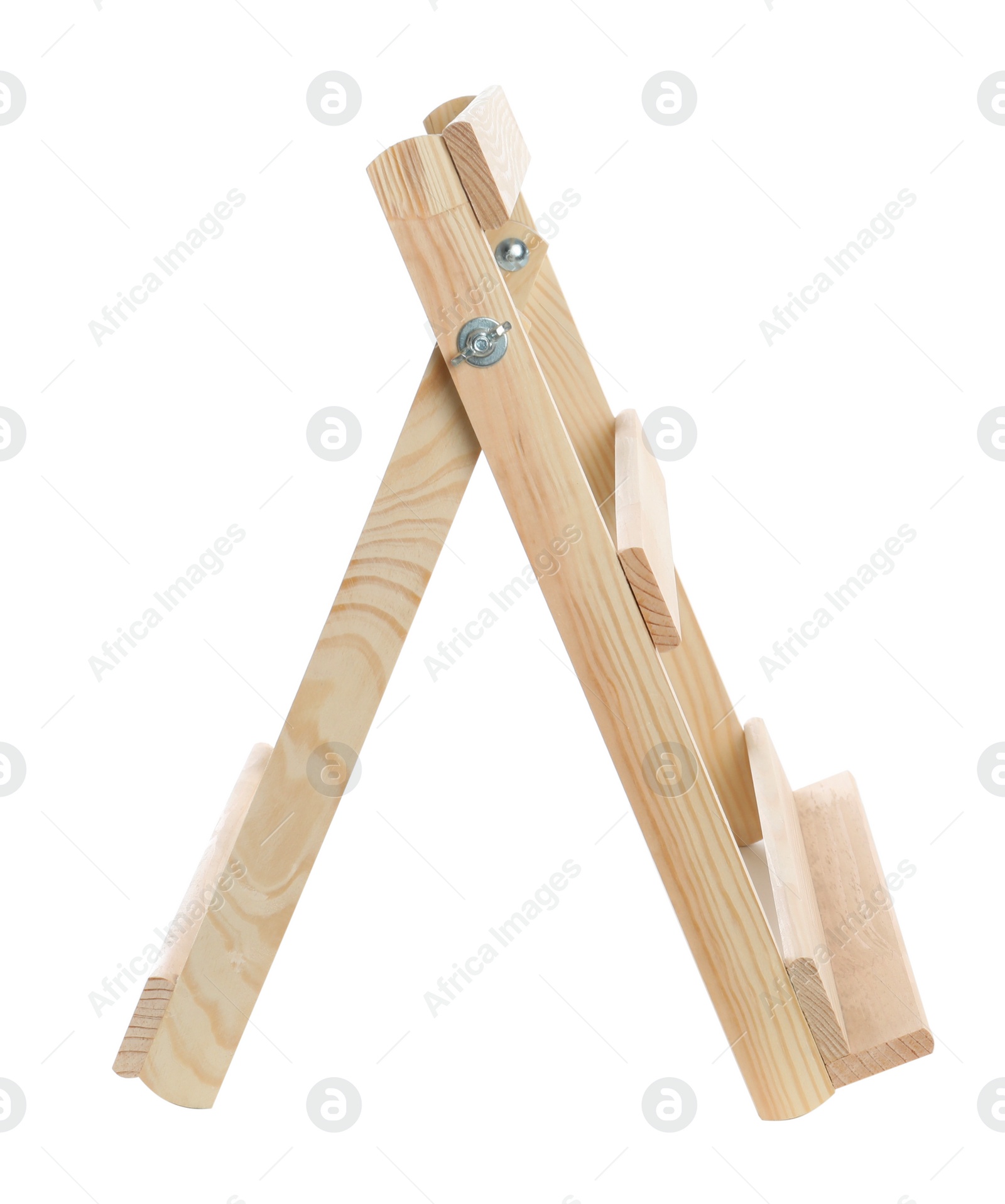 Photo of Empty wooden easel isolated on white. Equipment for art