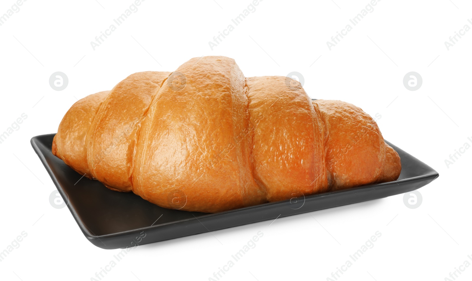 Photo of Plate with delicious fresh croissant isolated on white