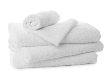 Stack of fresh clean towels on white background