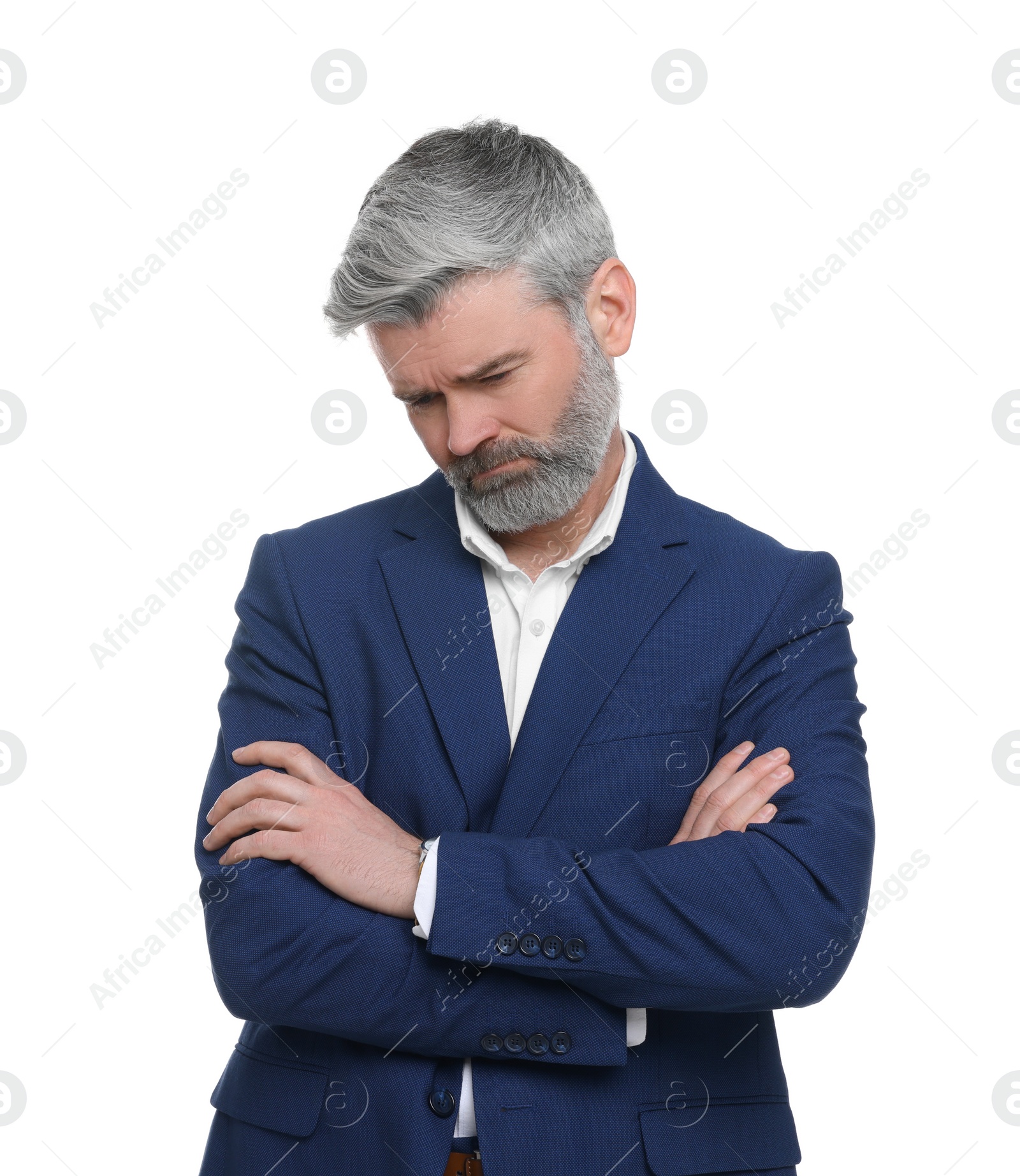 Photo of Mature businessman in stylish clothes posing on white background