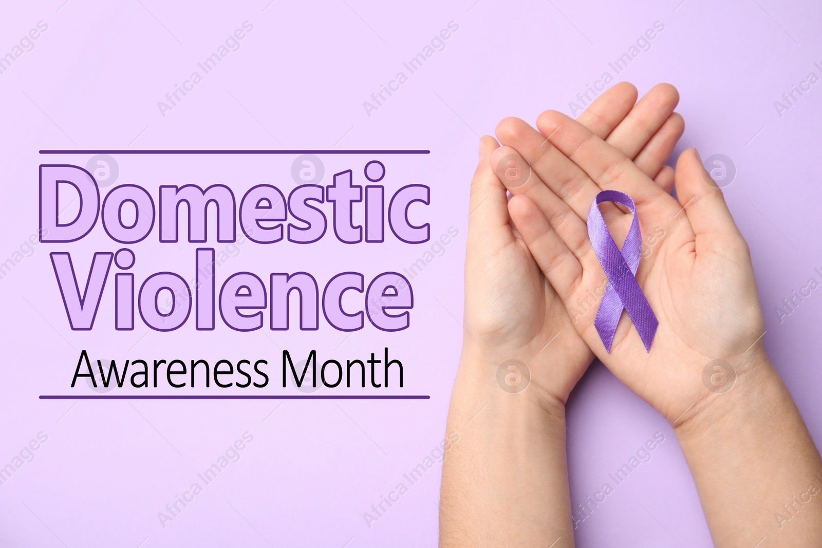 Image of Woman holding purple ribbon on lilac background, top view. Symbol of Domestic Violence Awareness