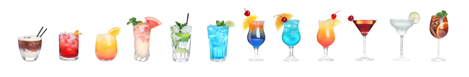 Image of Set of tasty alcoholic cocktails on white background. Banner design