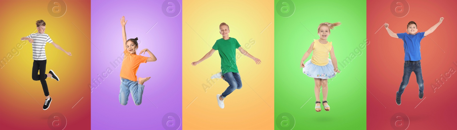 Image of Group of children jumping on color backgrounds, set of photos