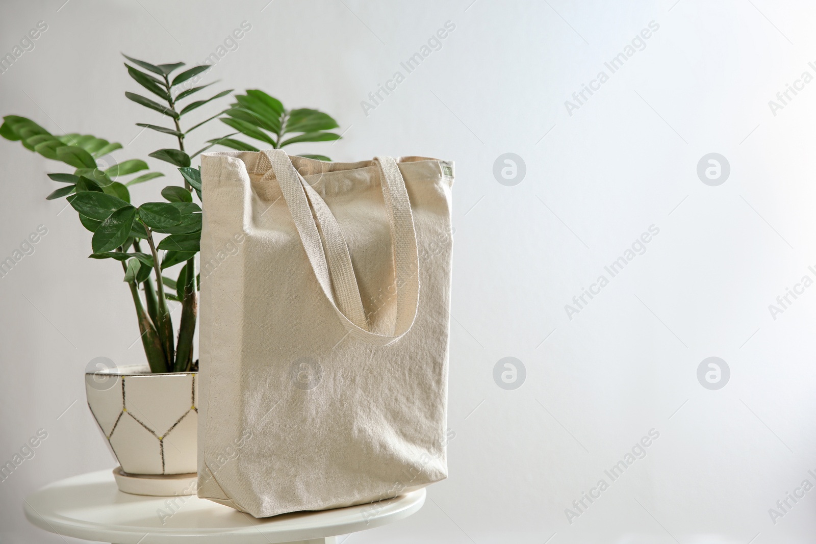 Photo of Houseplant and eco bag on table near white wall. Space for text