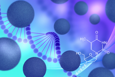 Image of Illustration of virus, DNA and chemical formula on blue background