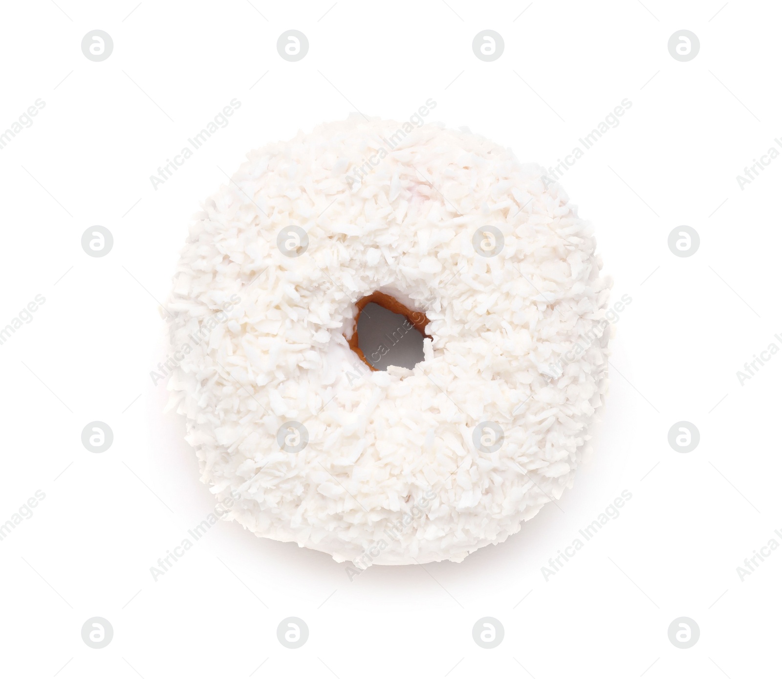 Photo of Tasty donut decorated with coconut shavings isolated on white, top view