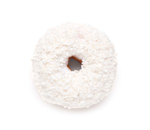 Tasty donut decorated with coconut shavings isolated on white, top view