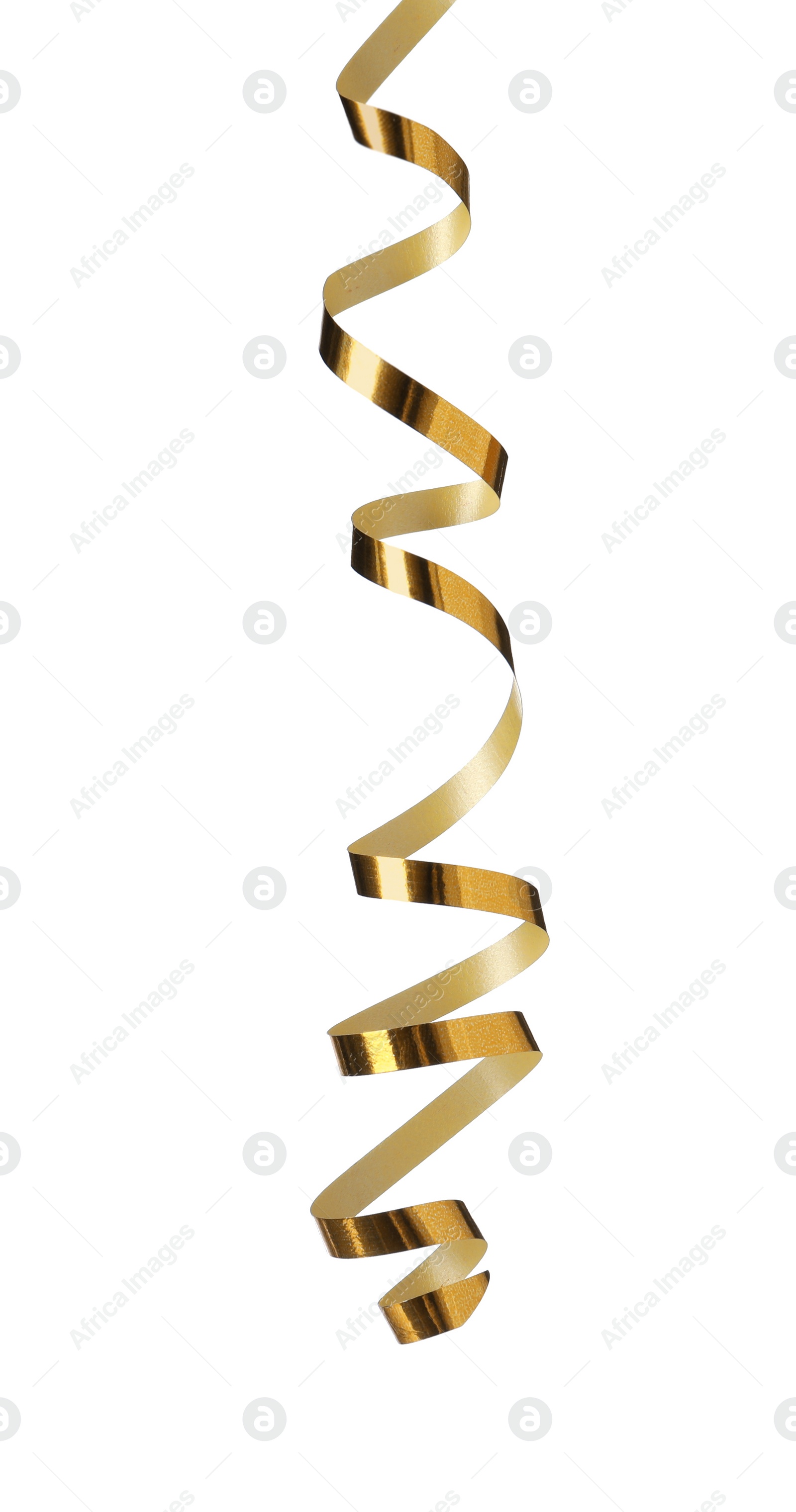 Photo of Shiny serpentine streamer on white background. Festive decor