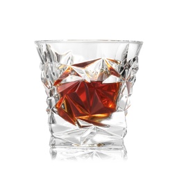 Photo of Glass of scotch whiskey on white background