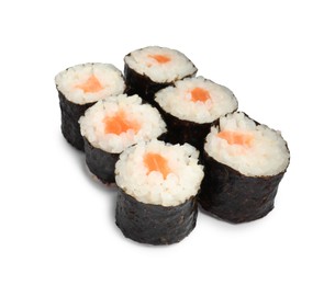 Photo of Delicious fresh sushi rolls on white background