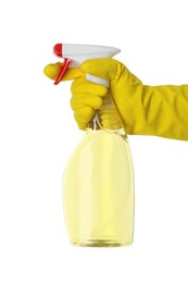 Photo of Woman holding plastic spray bottle with liquid isolated on white, closeup