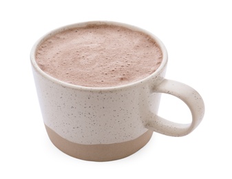 Photo of Delicious cocoa drink in cup on white background