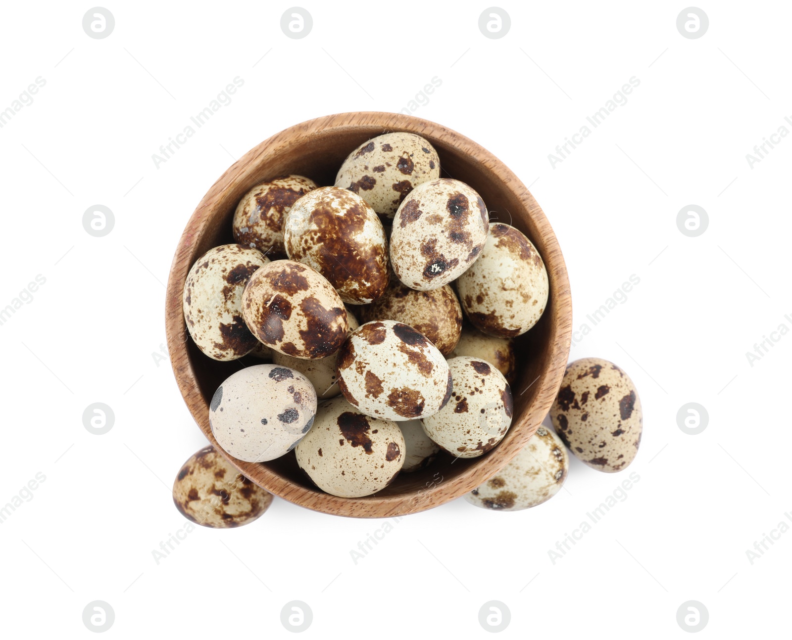 Photo of Wooden bowl and quail eggs isolated on white, top view