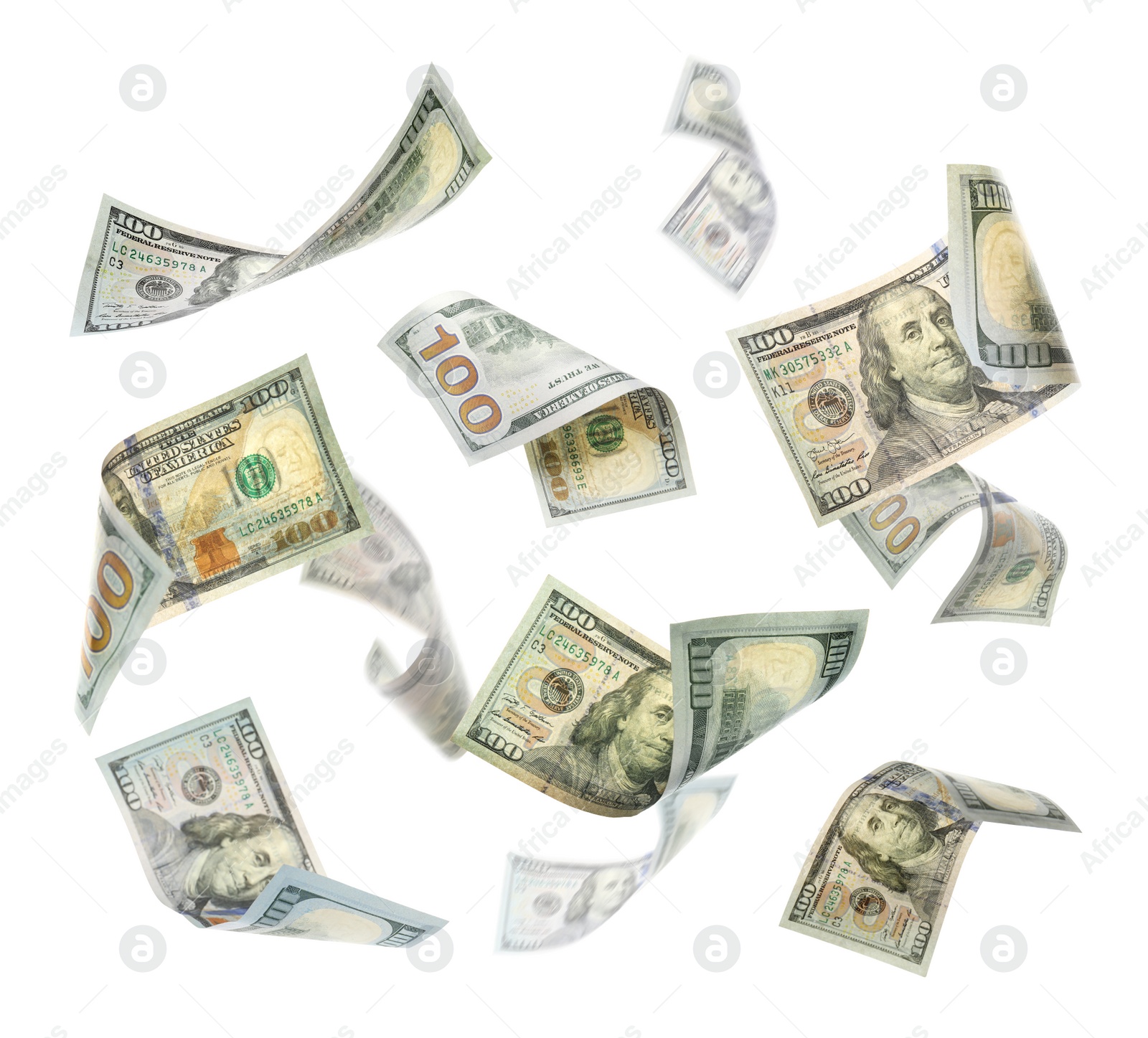 Image of Many American dollars on white background. Flying money