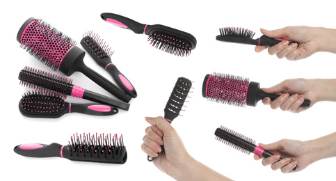 Set with photos of people holding different hair brushes on white background, closeup. Banner design 