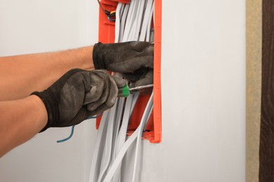 Photo of Electrician installing switchboard with screwdriver indoors, closeup