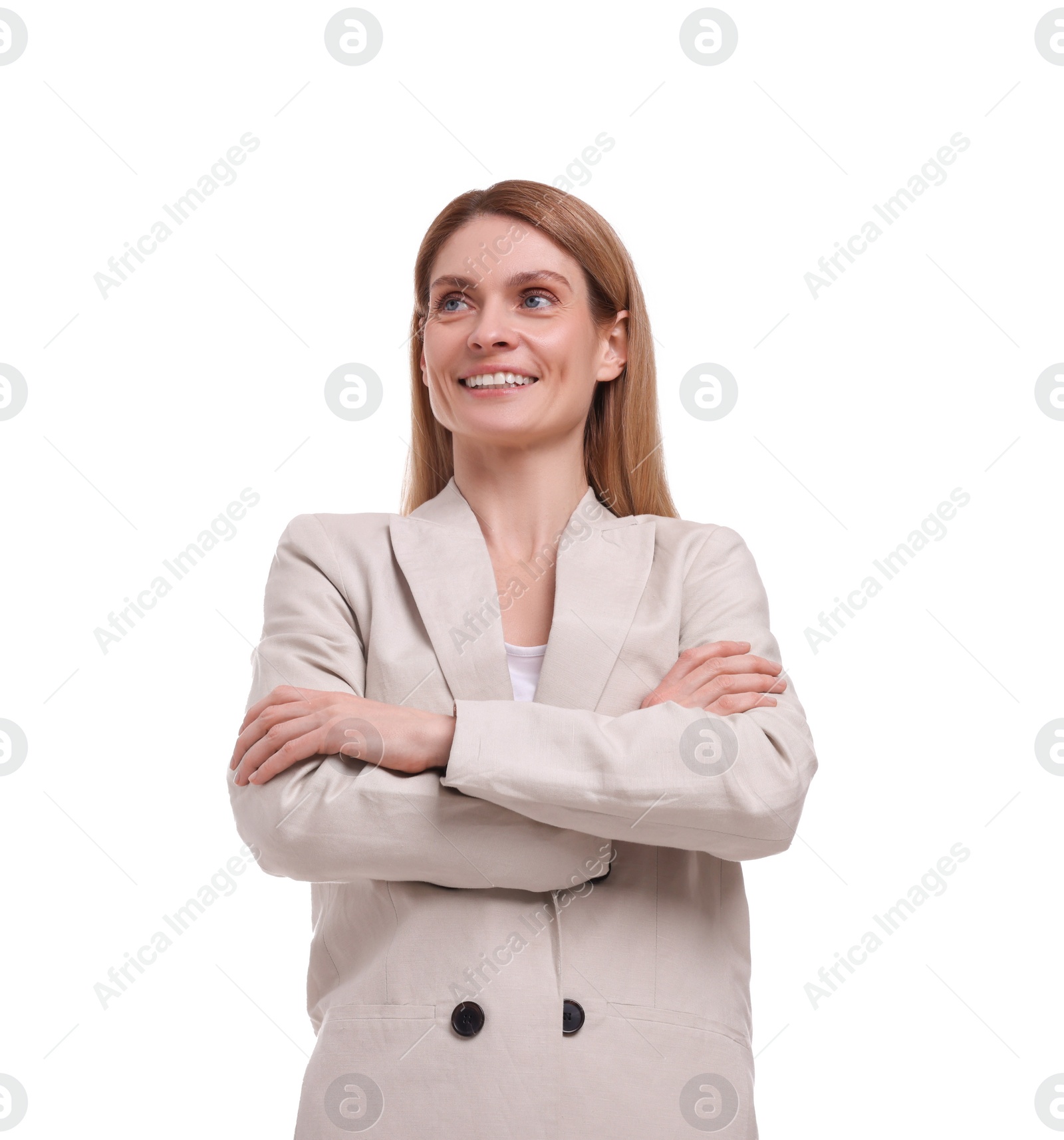 Photo of Beautiful happy businesswoman crossing arms on white background