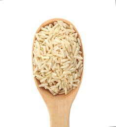 Photo of Wooden spoon with brown rice on white background, top view