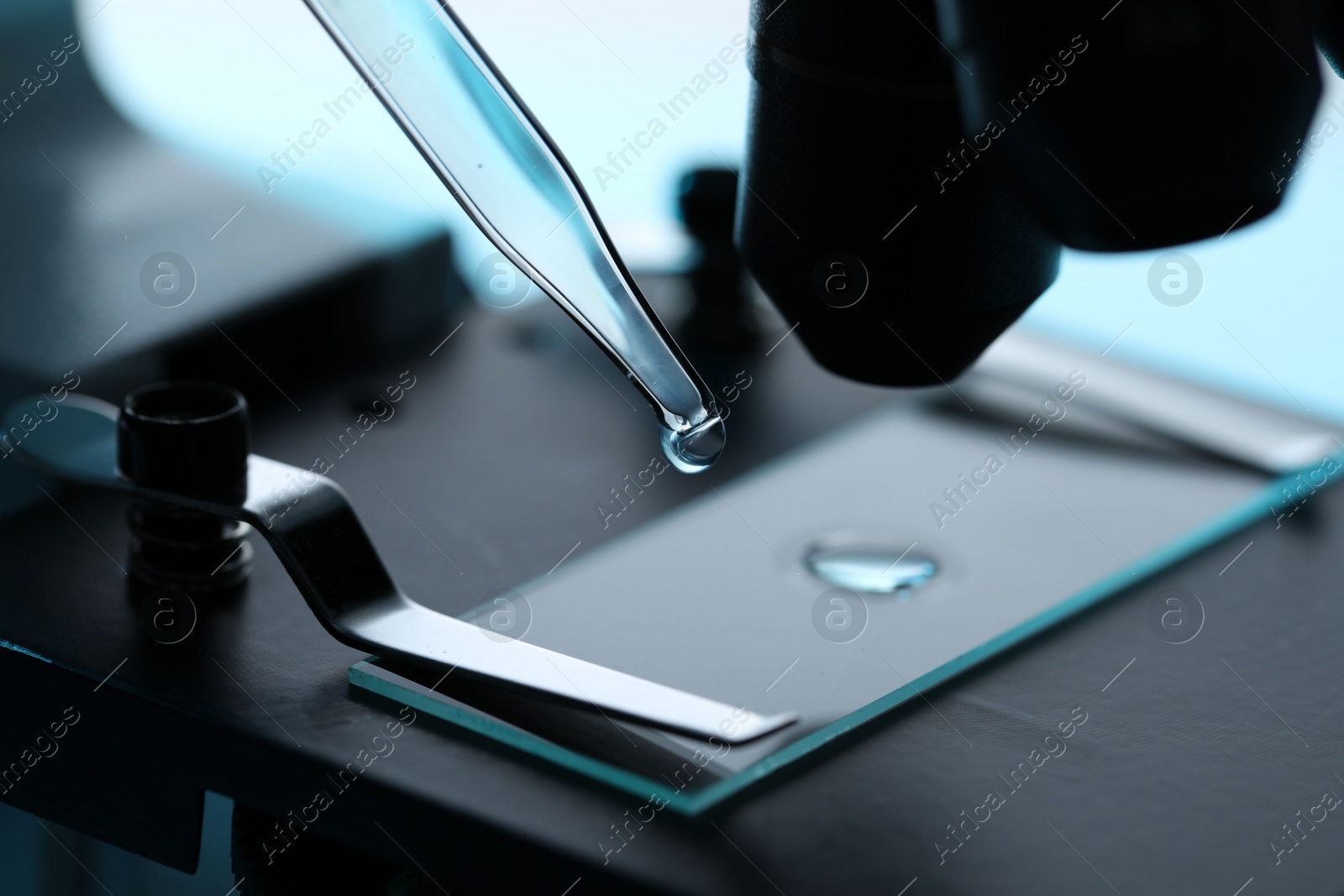 Photo of Dripping liquid from pipette onto glass slide on microscope at table, closeup