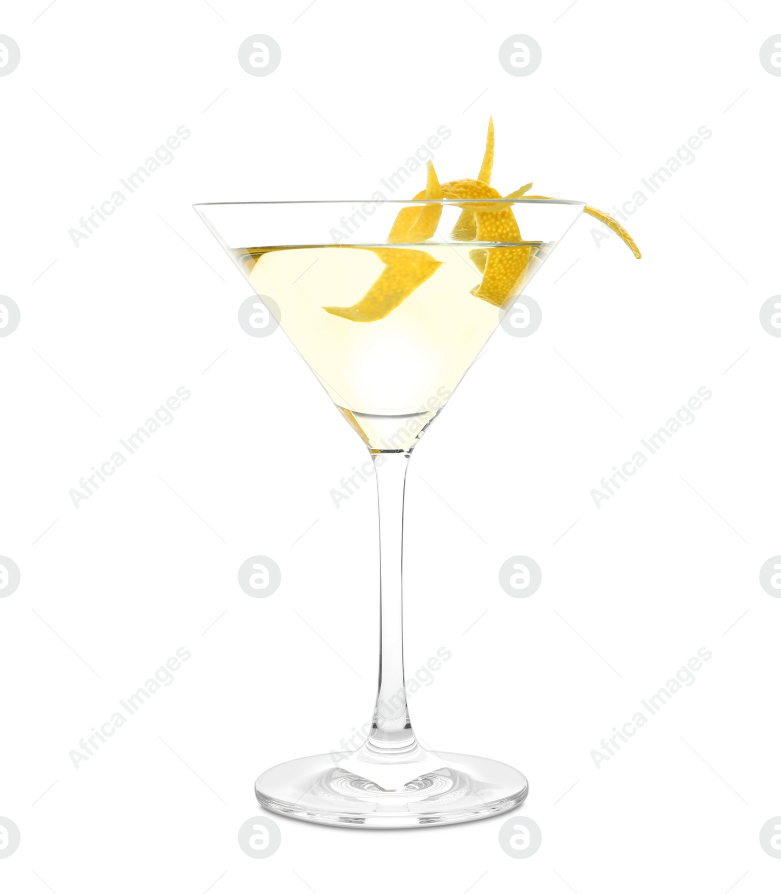 Photo of Glass of lemon drop martini cocktail  with zest on white background