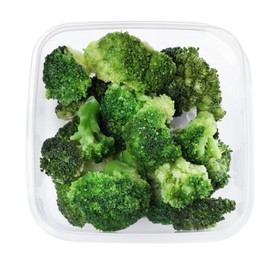 Photo of Fresh broccoli in plastic container isolated on white, top view