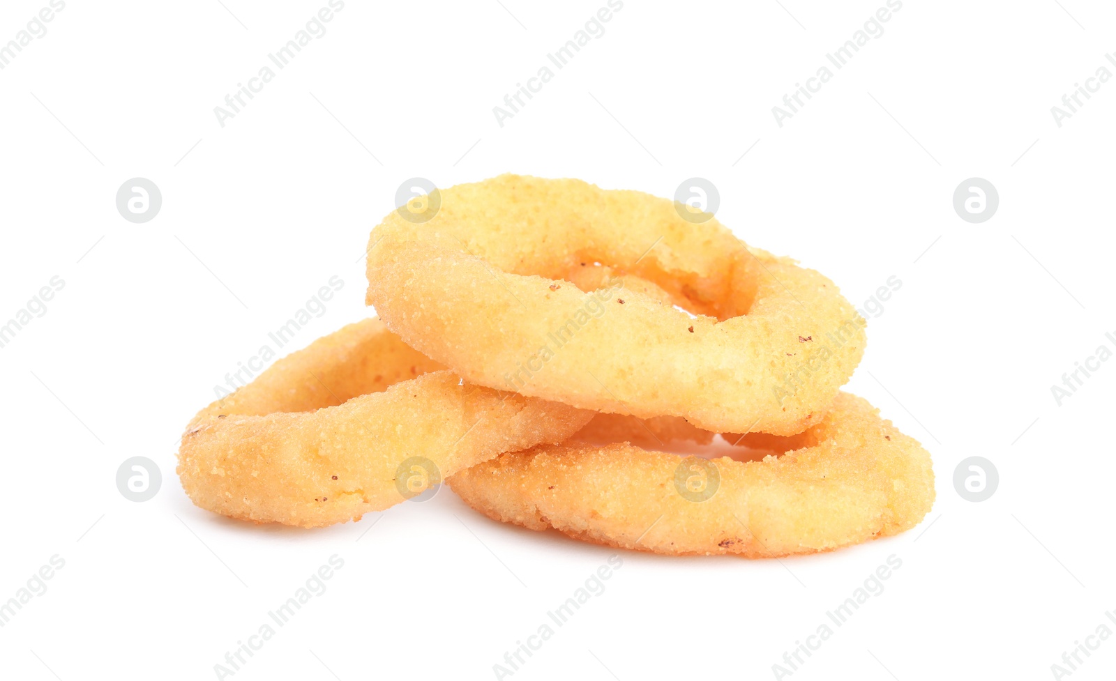 Photo of Delicious golden onion rings isolated on white