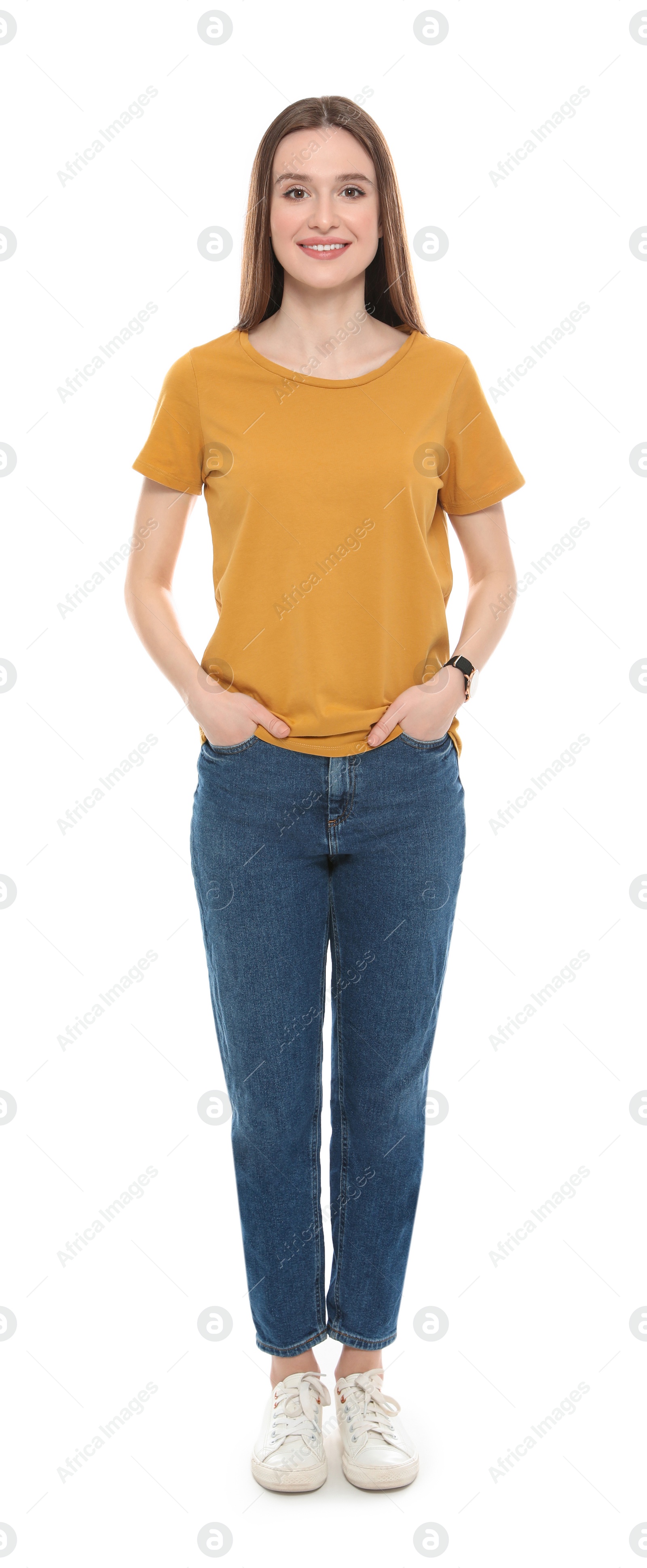 Photo of Young woman in t-shirt on white background. Mock up for design