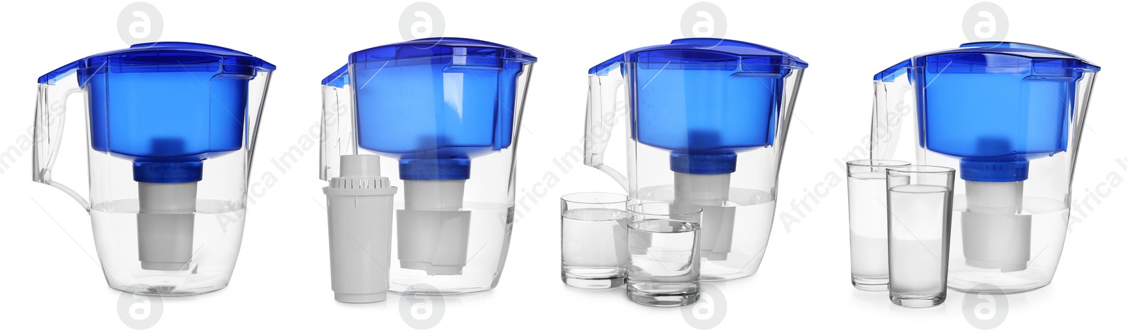 Image of Set with water filter jugs and glasses on white background. Banner design