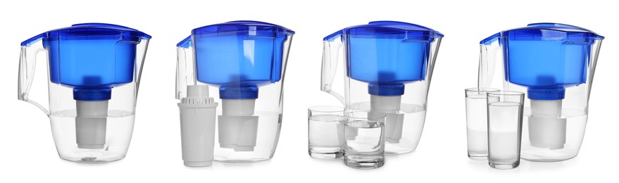 Image of Set with water filter jugs and glasses on white background. Banner design