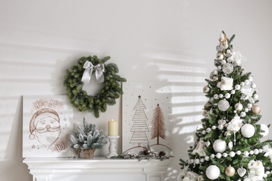 Beautiful Christmas pictures in festive room interior