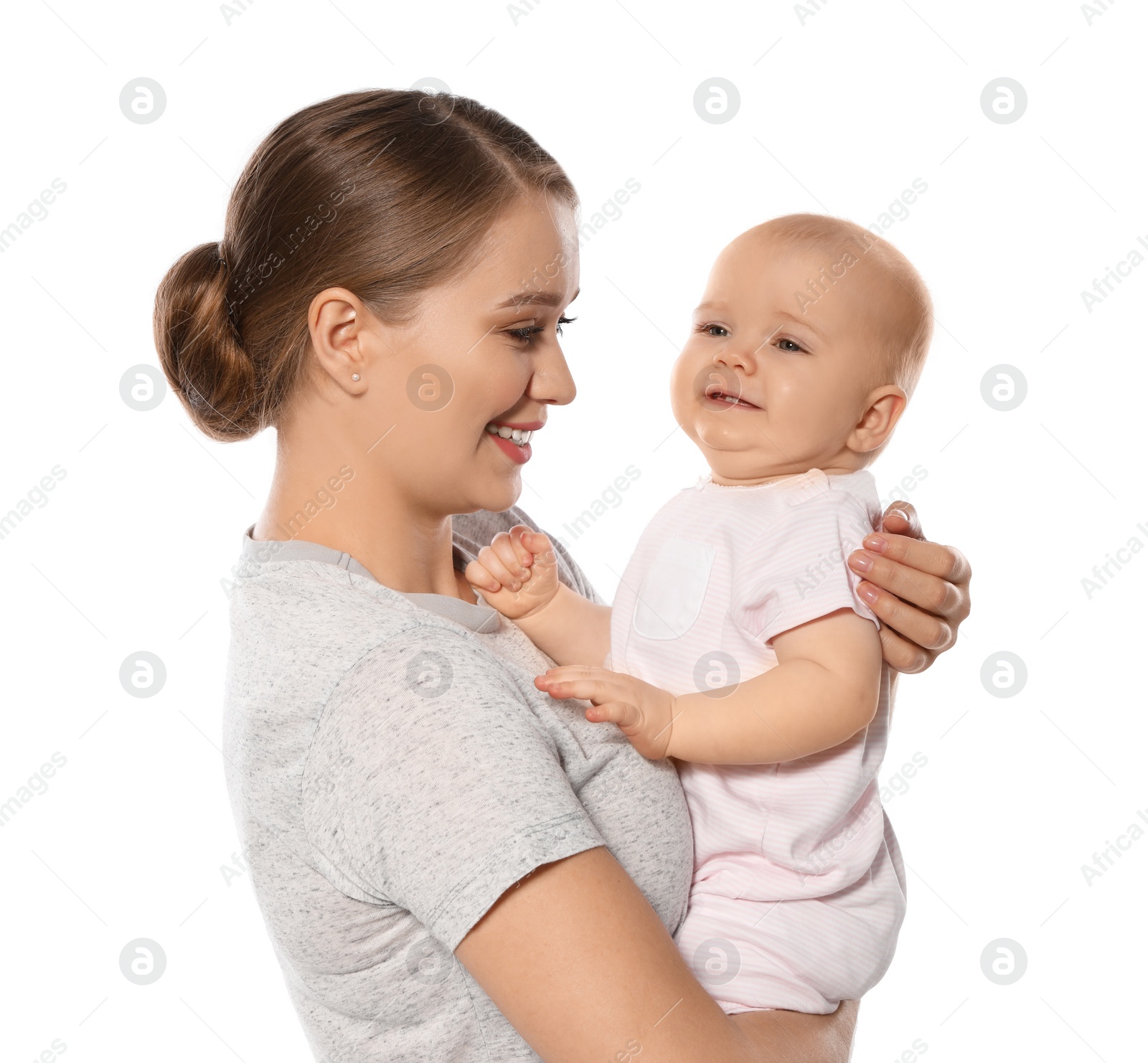 Photo of Portrait of happy mother with her baby isolated on white